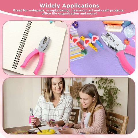 Grab And Go Four Piece One Quarter Inch Hole Punch Set With Circle Heart Star Triangle Shapes And Soft Grip Handles in use for crafting and scrapbooking, showing versatility for classroom and office projects.