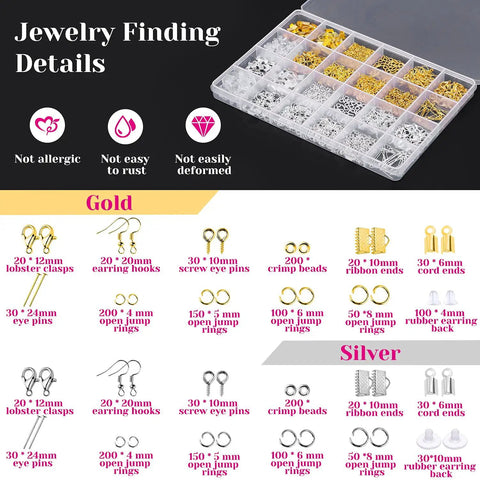 All In One 1857 Pcs Jewelry Making Kit For Adults With Pliers Wires Chains Earring Hooks Findings Elastic Cord Waxed String Caliper And Helping Hands set with gold and silver jewelry findings in organizer