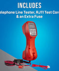 Red Go To Analog Telephone Line Tester Butt Set with ABN Clips, RJ11 switchbox, test cord, and extra fuse on blue background.
