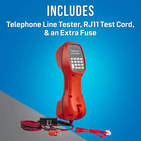 Red Go To Analog Telephone Line Tester Butt Set with ABN Clips, RJ11 switchbox, test cord, and extra fuse on blue background.