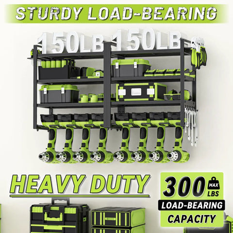 Power Tool Organizer Wall Mount With Four Detachable Tiers Heavy Duty Metal Rack Up To 300 Lbs Eight Drill Holders And Adjustable Side Racks