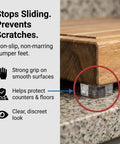 Clear Tall Square Self Adhesive Rubber Feet Pads 0.78 Inch Wide By 0.38 Inch High installed under wooden furniture on countertop