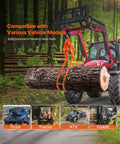 VEVOR Timber Claw log grapple, 4-claw orange swivel steel tongs lifting a log with tractor in background