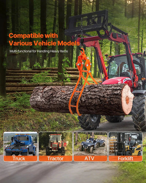 VEVOR Timber Claw log grapple, 4-claw orange swivel steel tongs lifting a log with tractor in background