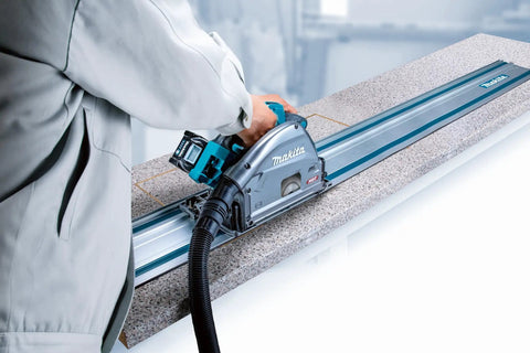 Person using 55 Inch Guide Rail for Plunge Saws and Routers, Delivers Smooth, Dead On Straight or Bevel Cuts on a workpiece