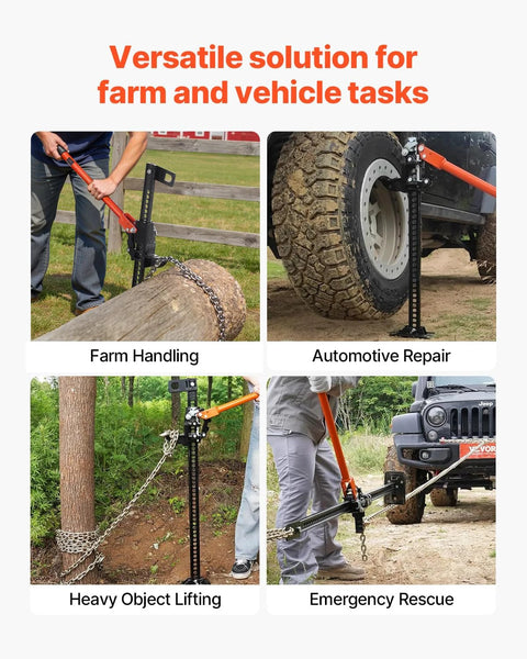 VEVOR 48-inch high-lift farm jack with base; 3.18-ton capacity, shown in farm handling and automotive repair use.