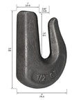 Heavy Duty 1/2 Inch Weld On Clevis Grab Hooks 2 Pack Grade 70 Rigging Hook showing size measurements