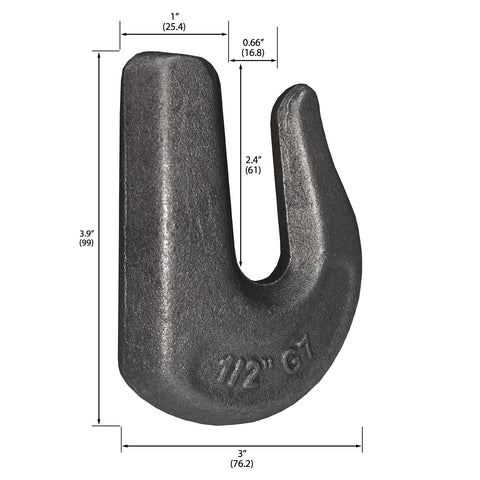 Heavy Duty 1/2 Inch Weld On Clevis Grab Hooks 2 Pack Grade 70 Rigging Hook showing size measurements