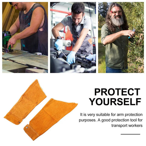 Pro Level Heavy Duty Cowhide Leather Arm Sleeves Heat Resistant Double Layer Welding Oversleeves for arm protection and safety.