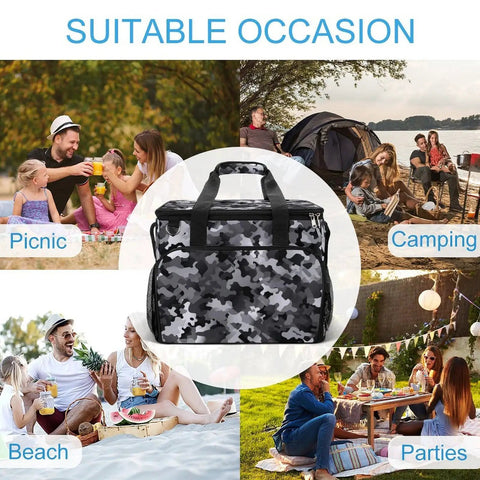 Picnic Backpack Cooler Bag With 30L Capacity Insulated Food And Drink Carrier shown in black white gray camouflage design