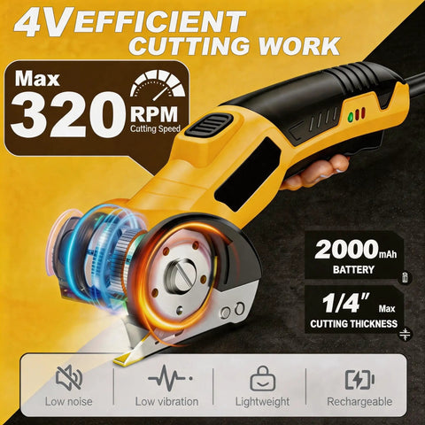 Heavy Duty Cordless Electric Box Cutter With Premium SK5 Blades Powers Through Cardboard Carpet And Fabric No Sweat with 320 RPM cutting speed.