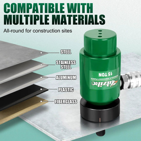 Fifteen Ton Heavy Duty Hydraulic Knockout Punch Kit One Half Inch To Four Inch Type D Punch And Die Set, green hydraulic punch tool with material compatibility chart.