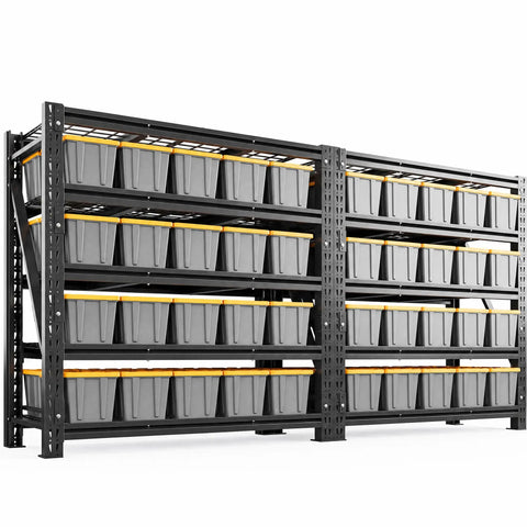 Heavy Duty Garage Shelving Units With 3044 Pound Capacity, black metal unit holding gray bulk totes in garage setting.