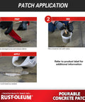 Step-by-step application of Pourable Concrete Patch for Floors, Quick Repair Kit in a 5 Lb Pail by Rust-Oleum.