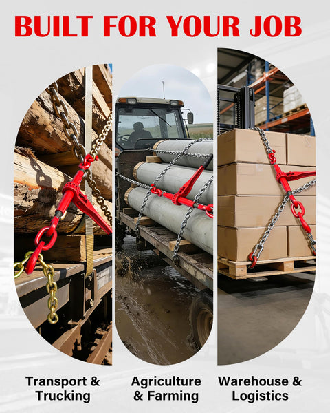 Ratchet Chain Binders For Three Eighths And One Half Inch Chain, 9,400 Lb WLL securing loads on trucks and trailers