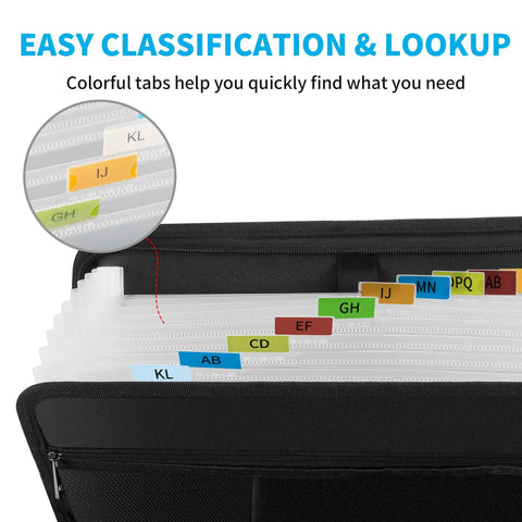 Fireproof Accordion File Organizer With Lock And Handle 13 Pocket Expanding File Binder Portable Document Folder shown with labeled tabs