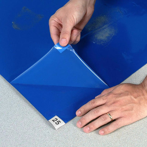 Blue LDPE Cleanroom Adhesive Mats For Entryways With Built Tough Peel And Reveal Sticky Floor Rolls That Trap Dirt Instantly Using No Fuss Swap Methods For Busy Workshops 18 By 36 Inch Heavy Duty Pack, removing a sticky layer.