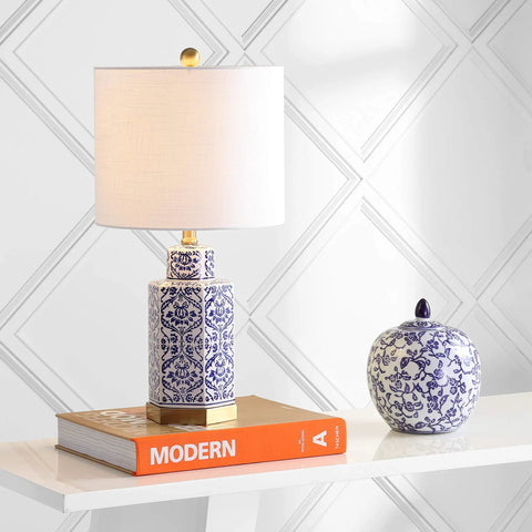 Blue And White Ginger Jar Ceramic LED Table Lamp With Hex Damask Pattern White Linen Shade Brass Accents Includes LED Bulb ETL Listed About 24 Inch Tall Modern Rustic Corner Accent Light