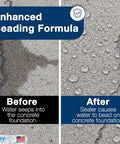 Tough As Nails Concrete Driveway Sealer Delivering A Dang Smooth Wet Look Finish With High Shine Gloss Protection One Gallon before and after water beading comparison on concrete.