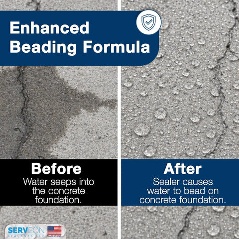 Tough As Nails Concrete Driveway Sealer Delivering A Dang Smooth Wet Look Finish With High Shine Gloss Protection One Gallon before and after water beading comparison on concrete.