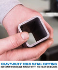 Hand holding a neatly cut metal tube, demonstrating the Ferrous Metal Cutting Circular Saw Blade, 7-1/4 Inch, 40-Tooth, For Mild Steel.