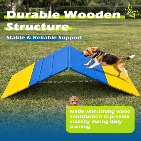 Backyard Dog Agility Course Set with Non Slip A Frame and 2 Chains, durable wood ramp in use by a large dog on grass