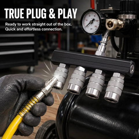 Top Shelf 4 Way Straight Air Manifold Splitter With Quarter Inch Quick Couplers Solid Aluminum Body And Heavy Duty Steel Fittings For Air Compressor Setup No Sweat Multi Tool Power Flow in use with yellow hose and tools.