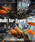 Black Nitrile Work Gloves Deliver Badass Heavy Duty Protection With A Raised Diamond Pattern For Sick Non Slip Grip Perfect For Auto Repair Plumbing And Garage Projects Requiring Tough Armor For Daily Hustle Workers - hands working in various tasks.