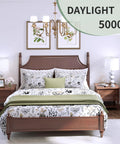 Bedroom with chandeliers and bedside tables lit by Six Pack A19 LED Light Bulbs With E26 Base 60 Watt Equivalent Daylight 5000K 9 Watts 800 Lumens Non Dimmable Long Life Up To 15000 Hours Ideal For Bedroom And Living Room Energy Saving Household Lighting