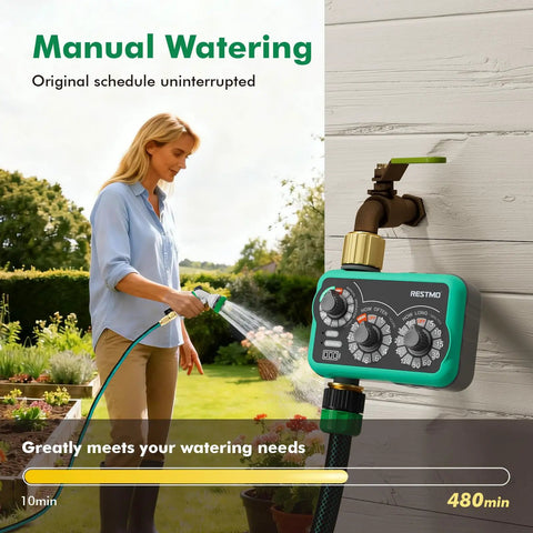 Woman using Three Dial Analog Sprinkler Timer With Brass Inlet And Outlet For Garden Hose, showing manual watering feature