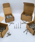 Tough As Nails 316 Stainless Steel Deck Screws With Square Drive And Bugle Heads Type 17 Wood Cutting Points in display boxes.