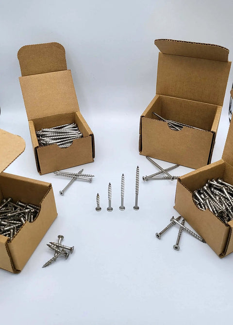 Tough As Nails 316 Stainless Steel Deck Screws With Square Drive And Bugle Heads Type 17 Wood Cutting Points in display boxes.