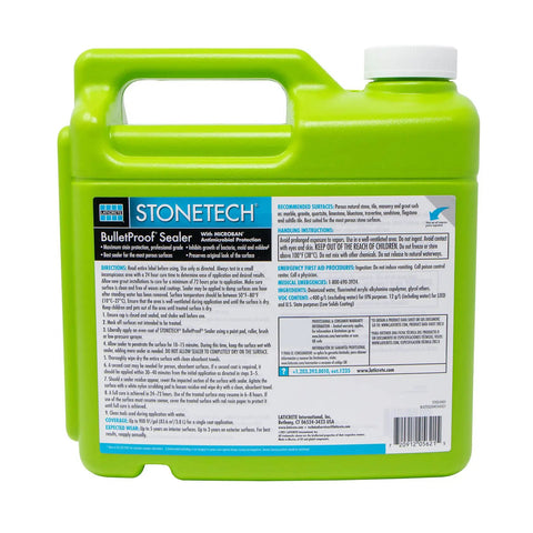 Back label of Bulletproof Sealer For Natural Stone, Tile And Grout, 1 Gallon, Water Based Breathable Penetrating Sealant