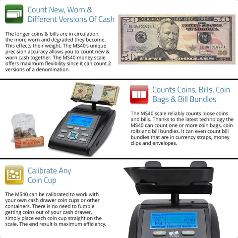 MS40 Bill And Coin Counting Scale For Fast Cash Drawer Counts And Currency Weighing Machine That Totals Value And Quantity Counts Bills Coins Rolls Bags And Bundles In Minutes with display and coin slots