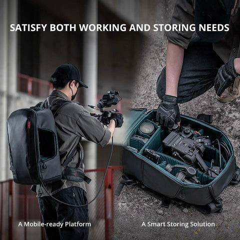 Individual using Camera Backpack For Ronin 4D Gear Waterproof Bag For Lenses And Accessories, showcasing open storage compartments.