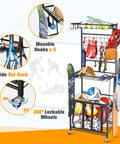 Ball Storage Rack For Garage, Ultra Handy Multi Function Sports Gear Organizer with hooks, bat rack, and three tier shelf