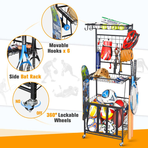 Ball Storage Rack For Garage, Ultra Handy Multi Function Sports Gear Organizer with hooks, bat rack, and three tier shelf
