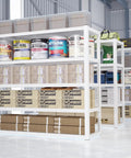 Heavy Duty 3000 Lbs Garage Shelving Unit, 5 Tier Adjustable Metal Shelves, Industrial Storage Rack, 48 W x 24 D x 72 H Inches, White Finish, Ideal for Tools, Auto Shop, Workshop, and Garage Organization with stored boxes and paint cans