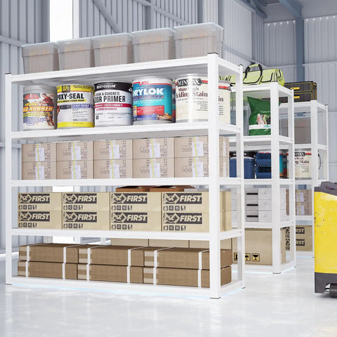 Heavy Duty 3000 Lbs Garage Shelving Unit, 5 Tier Adjustable Metal Shelves, Industrial Storage Rack, 48 W x 24 D x 72 H Inches, White Finish, Ideal for Tools, Auto Shop, Workshop, and Garage Organization with stored boxes and paint cans