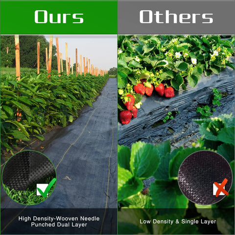 Image comparing heavy duty weed barrier landscape fabric 2.6 ft by 100 ft thick garden blocker cloth with other low density fabric.