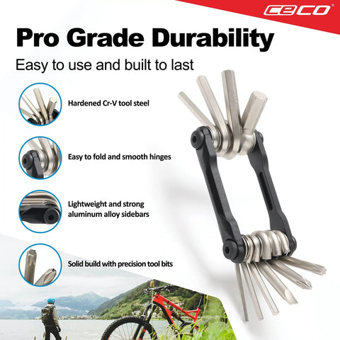 Compact 10 Function Bike Tool Kit, Heavy Duty Bicycle Multi Tool shown with CR-V 6150 Tool Steel, lightweight and durable