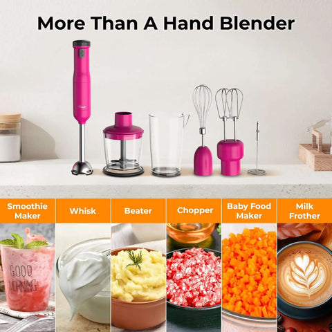 Premium Cordless Immersion Hand Blender With Heavy Duty Motor And 6 In 1 Multifunctional Attachments including various accessories on a counter.