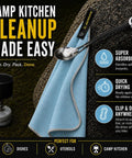 Ultralight Backpacking Quick Dry Microfiber Towel For Camping And Hiking, displayed with a spoon, clip strap visible, blue color