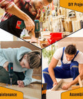 Collage of DIY project, maintenance, and assembly scenes with people using tools; diverse tasks showcased in home improvement.