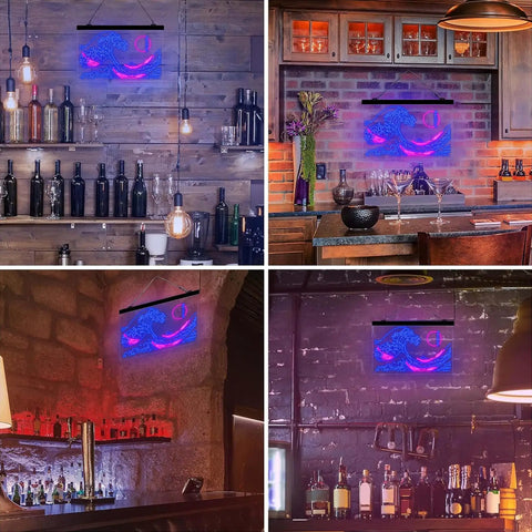 Great Wave Off Kanagawa LED Neon Sign Blue Pink Wall Art in various bar and kitchen settings, modern decor, 12x16 inches.