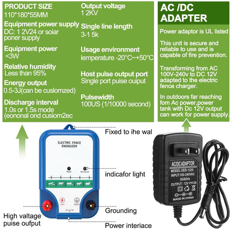 All In One Beefed Up Electric Fence Kit with AC DC adapter, energizer, and specs for livestock control