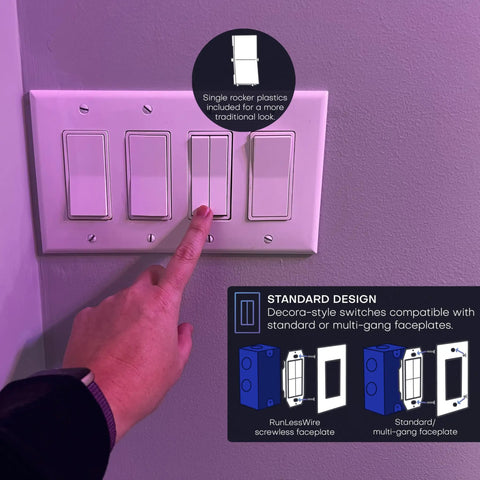 Person using Click For Philips Hue No Battery Needed Wireless Light Switch 3 Pack With 30 Foot Range, on Decora plate