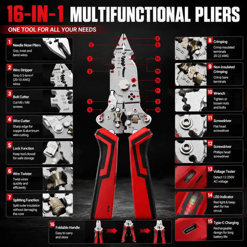 16 In 1 Wire Stripper Twister Pliers With Built In Voltage Tester All In One Electrical Tool showcasing features