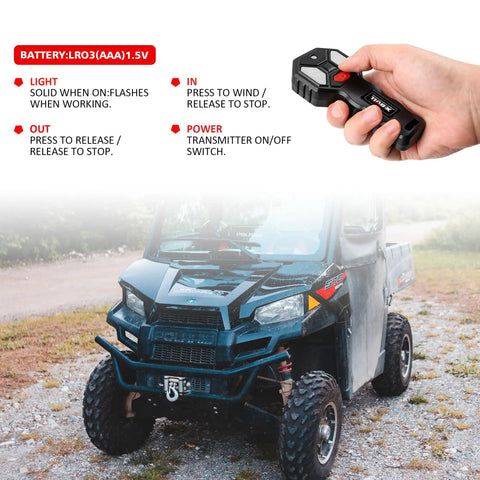 4500 Lbs Electric Winch With Steel Cable And Roller Fairlead For ATV UTV Recovery shown on vehicle with wireless remote in hand