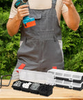 6 Pack Screw Organizer Bins With Lids stackable plastic boxes filled with screws on a workbench, DIY tools background